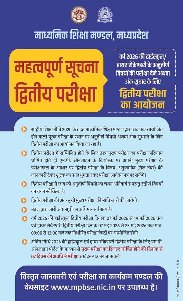 MP Board Second Exam instruction 2026